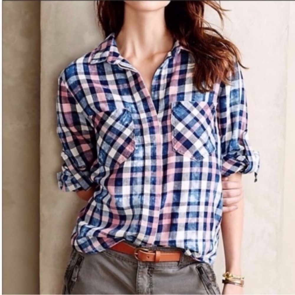 Cloth & Stone‎ Blue & Pink Plaid Flannel Size Small